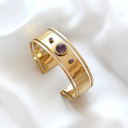 Bracelet rigide acier large avec améthyste