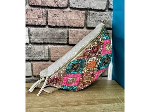 Sac banane/poitrine en tissu et paillettes écru