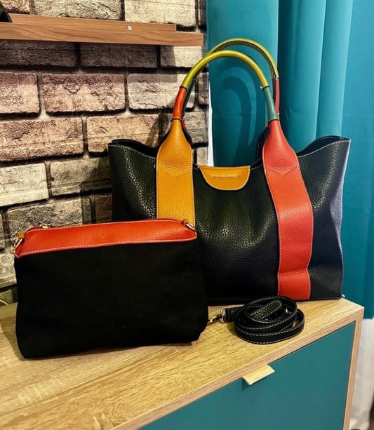 Sac shopper noir, anse multicolore